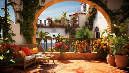 A spacious Mediterranean-style terrace with arched passages, an abundance of plants, and a sea view - obrazy, fototapety, plakaty