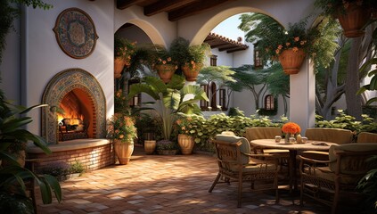 A traditional Spanish-style courtyard with a fireplace, wall mosaics, abundant greenery, and a dining area under arches.