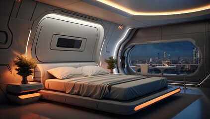 Fototapeta premium A futuristic bedroom with high-tech elements, ambient lighting, and a panoramic window overlooking a night cityscape.