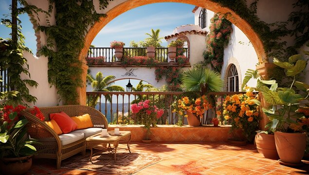 A spacious Mediterranean-style terrace with arched passages, an abundance of plants, and a sea view