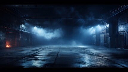 Dark empty asphalt street scene with blue smoke neon searchlight light. AI generated image