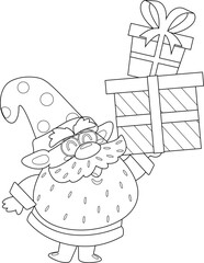 Outlined Cute Christmas Gnome Cartoon Character Holding Up Gift Boxes. Vector Hand Drawn Illustration Isolated On Transparent Background