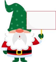Cute Christmas Gnome Cartoon Character Holding Up A Blank Sign. Vector Illustration Flat Design Isolated On Transparent Background