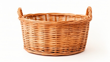 Empty wooden wicker laundry basket isolated on white background