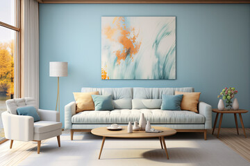 modern minimalist living room with light blue wall and furniture. luxury interior living room design