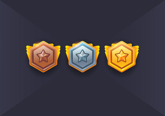 Vector set of games military icon. Military shield badges, game rank insignia. Vector game icons, revard signs, stars, chevron for used in mobile or web game