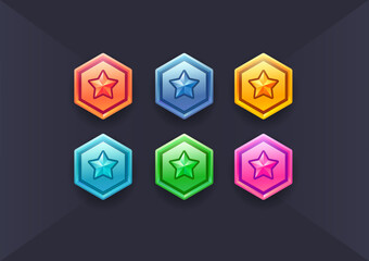 Vector set of games star icon. Military shield badges, game rank insignia. Vector game icons, revard signs, stars, chevron for used in mobile or web game