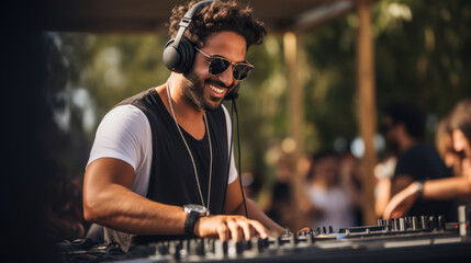 Smiling Middle-Eastern DJ enjoying music at sunny festival