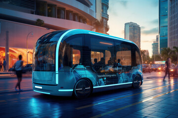 Futuristic autonomous bus on city street at dusk - obrazy, fototapety, plakaty