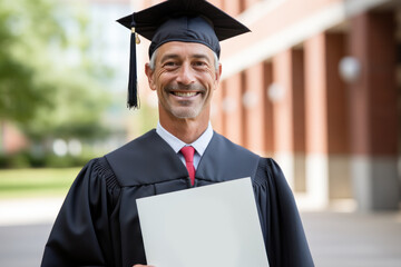 Middle-aged man with graduation cap smiling with diploma.