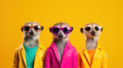 Portrait of fashionable meerkat with glasses isolated on yellow background