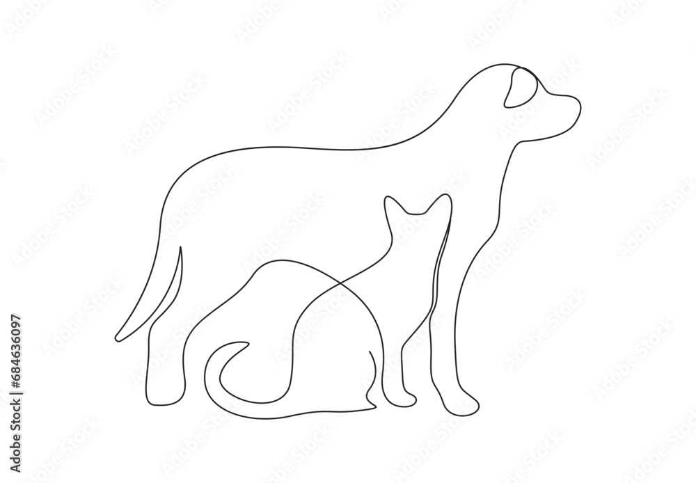 Poster cat and dog continuous one line drawing. isolated on white background vector illustration. stock vec
