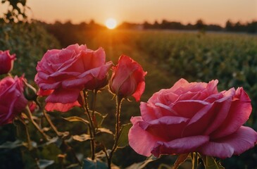 Sunset view through vibrant roses in a blooming garden.
