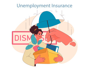 Resilient woman clutches her belongings after a dismissal, finding solace under the shield of unemployment insurance. Large hand offers an umbrella, indicating protection. Flat vector illustration.