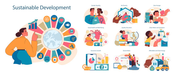 SDG or sustainable development goals set. Global target for better future including gender equality, health, education, clean energy, and economic growth. ESG and CSR. Flat vector illustration - obrazy, fototapety, plakaty