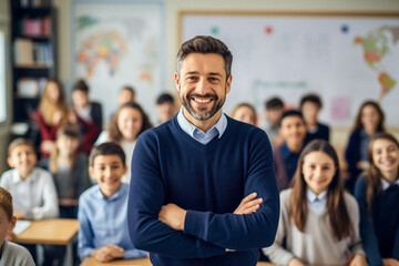 Happy teacher standing in a class with crossed arms in front of his elementary students and looking at the camera.