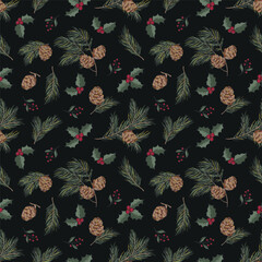 Seamless vector pattern with pine twigs, cones, holly on a black background. Christmas ornament