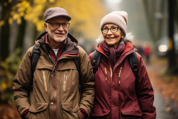 Fototapeta premium Aged european couple hiking in autumn forest