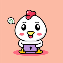 cute chicken cartoon, playing on laptop.