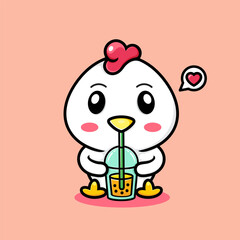 cute chicken cartoon, drinking boba.