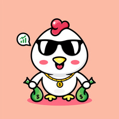 Cute chicken cartoon, wearing sunglasses, gold necklace and carrying two bags of money.