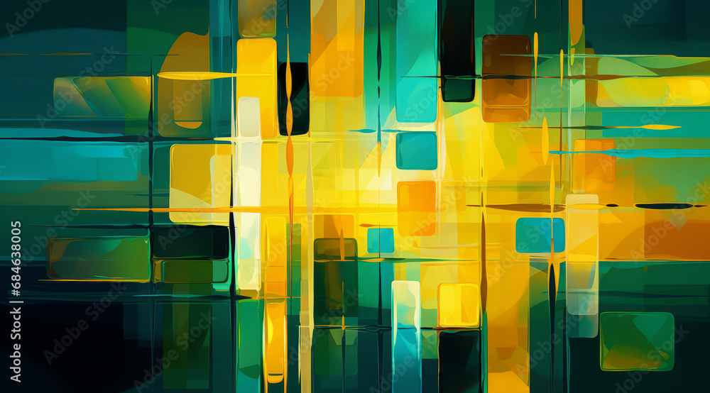 Wall mural a geometric array of lines and shapes in green and yellow, evokes a sense of motion and depth