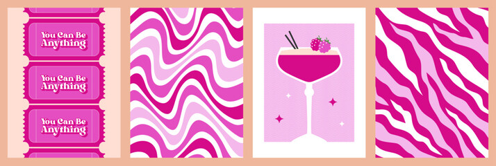 Modern poster. Set of 4. Arts in bright pink color. Trendy minimal style. Pattern. Vector illustration. 