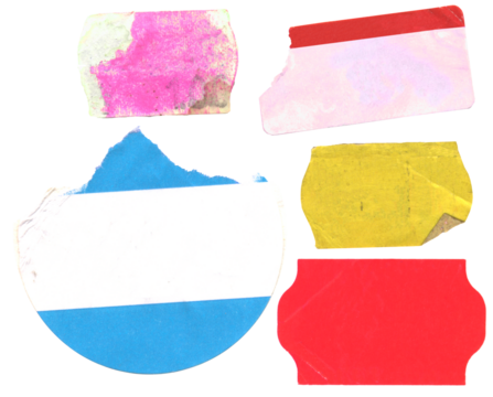 set of empty grungy adhesive price stickers, multicolored price tags with free  copy space, isolated on transparent background.PNG file.