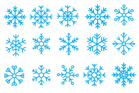 Set of variations of snowflakes on a white background vector illustration. Snowflake symbols. Snow icon
