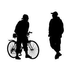 People silhouette isolated on white background. Cyclist stopped with a bicycle to speak with friend. Two man stand opposite each other. Male cyclist and hiking men meeting. Stock vector illustration