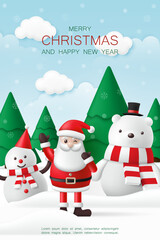 3d Merry Christmas and Happy new year banner with snowman, Santa claus, polar bear and christmas trees on the snow background for greeting card, kid wallpaper, decoration party. Vector illustration