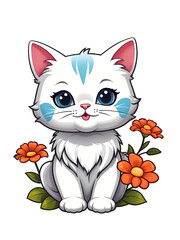 Capture hearts with this endearing sticker featuring a charming cartoon style kitty adorned with a white border and delightful flowers. Perfect for adding a touch of sweetness to your crafts.