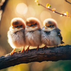 three cute little baby birds sitting on a tree branch outside in the nature