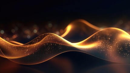 Abstract shiny wavy flowing lines with gold sparkles on black background