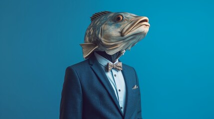 human body whith fish head wearing suit blue background.Generative AI - obrazy, fototapety, plakaty