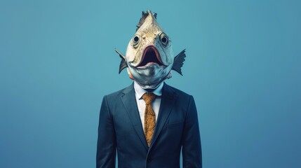 human body whith fish head wearing suit blue background.Generative AI - obrazy, fototapety, plakaty