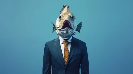 Poster human body whith fish head wearing suit blue background.Generative AI © shuvodesign