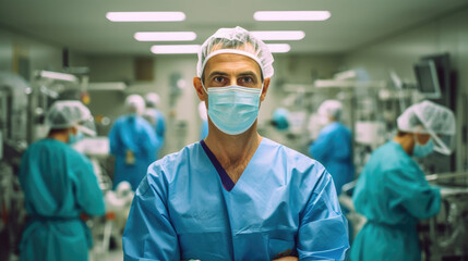 Fototapeta na wymiar surgeon in a mask and a specialized gown against the backdrop of a hospital surgical room with employees.