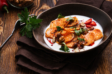 Baked sweet potatoes with Greek yogurt, healthy vegetarian meal