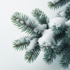 snow-covered spruce branch very close on a white background