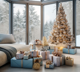  Decorated Christmas tree with several gift boxes decorated in gold and blue and a sofa next door with a beautiful view outside