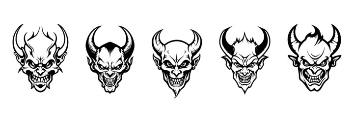 set Silhouette demon face icon. Vector illustration design. tattoo and t-shirt design black and white hand drawn horned devil head face Demon head, Devil horn mask Scary mask isolated sticker - obrazy, fototapety, plakaty