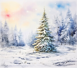 Watercolor Winter Landscape Painting Background with Snow all around