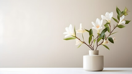 home interior with white flowers in a vase on a light background for product display