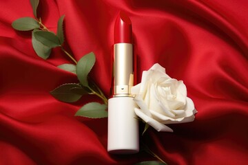 Obraz na płótnie Canvas Red lipstick with flowers and red background, product mockup
