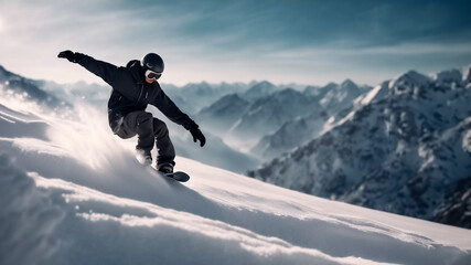 Naklejka na ściany i meble Discesa Sulla Neve- Lo Snowboarder in una Scena di Azione Mozzafiato