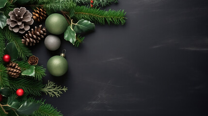 Christmas tree decorated dark background with copy space