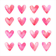 Vector watercolor hearts set. Cute hand brush drawn doodle heart shapes with artistic aquarelle stains. Painted watercolor Valentine's Day card templates, graphic design elements collection. 
