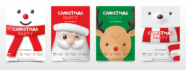 Set of 3d Christmas party invitation banner template. Merry xmas greeting card with santa claus, polar bear, reindeer, snowman background for gift voucher, sale promotion, social media post. vector