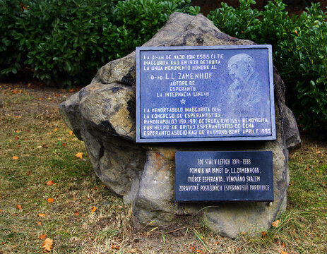 Frantiskovy Lazne, Czech Republic - September 30, 2023: Monument to Ludwig Zamenhof, the creator of Esperanto, the most widely used constructed international auxiliary language.